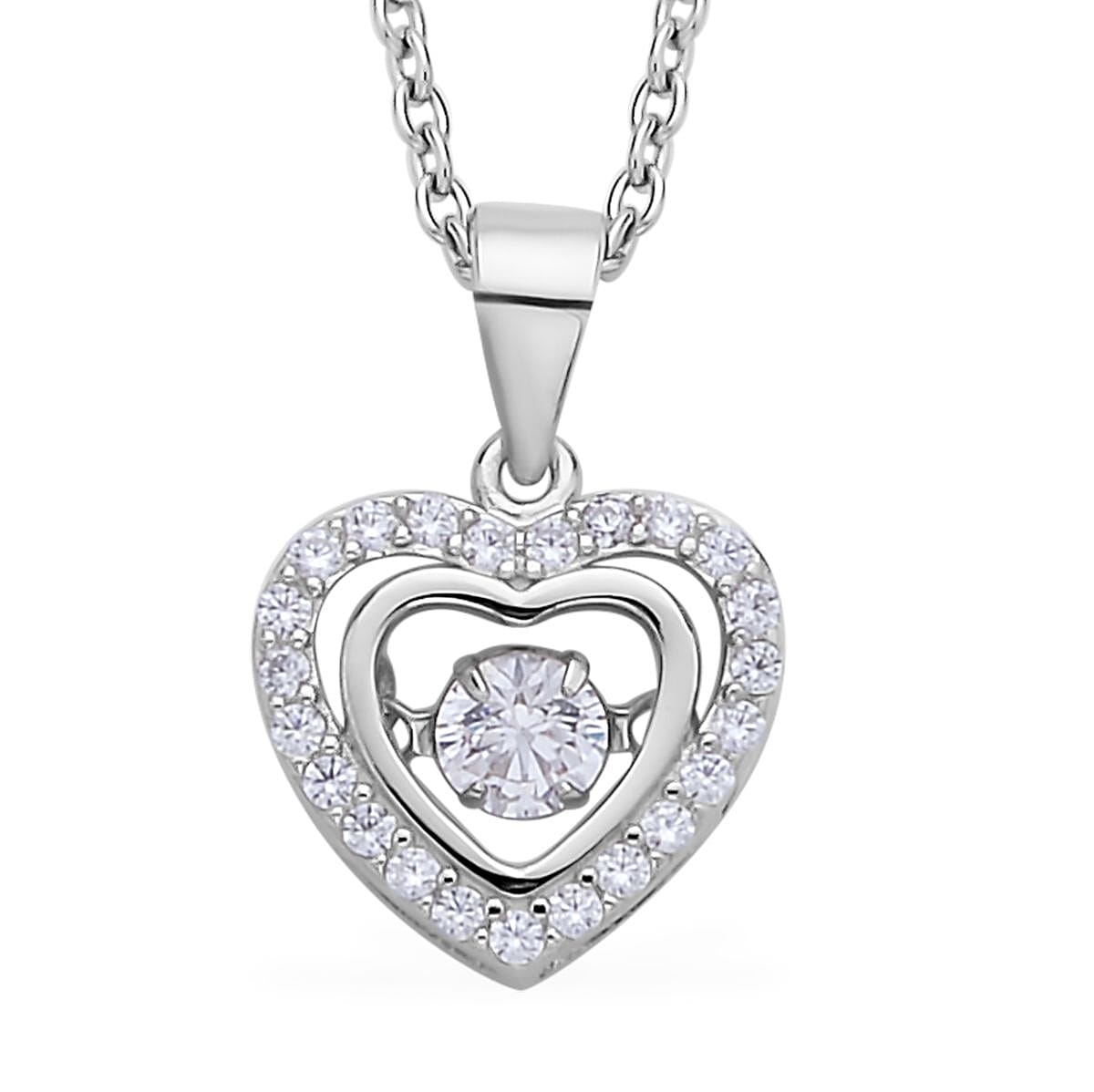 Simulated Diamond Dancing Stone Heart Pendant in Rhodium Over Sterling Silver with Stainless Steel Necklace 20 Inches 0.75 ctw