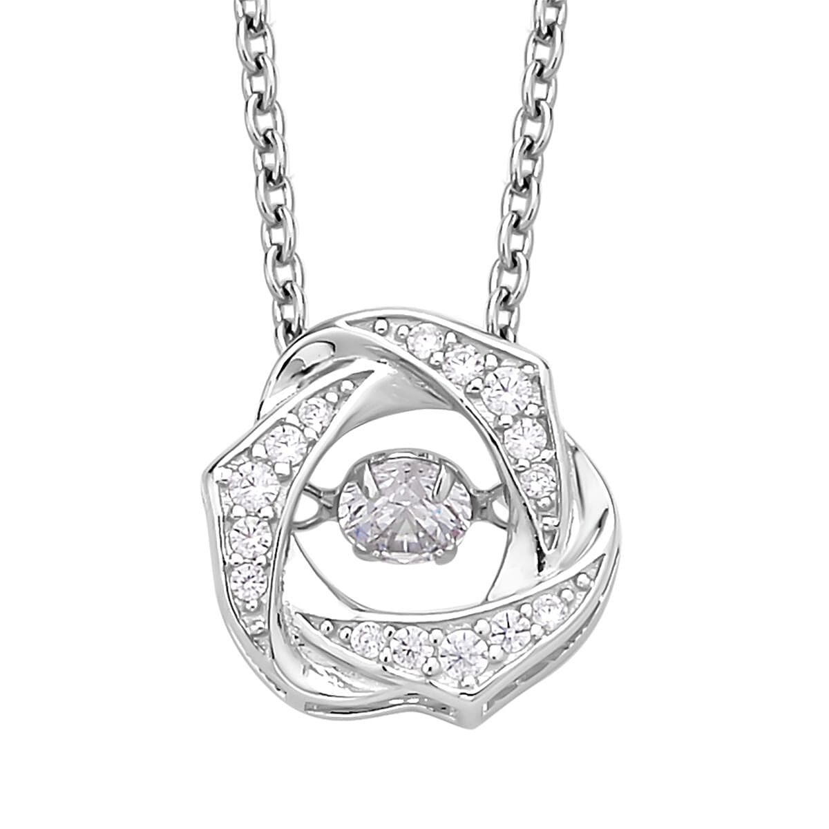 Simulated Diamond Sparkling Dancing Rose Pendant in Rhodium Over Sterling Silver with Stainless Steel Necklace 20 Inches 0.65 ctw