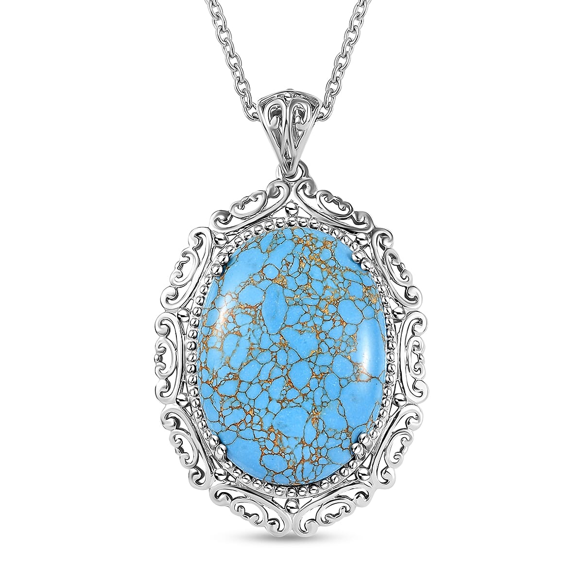 Karis Mojave Blue Turquoise 28.80 ctw Pendant in Platinum Bond with Stainless Steel Necklace 20 Inches