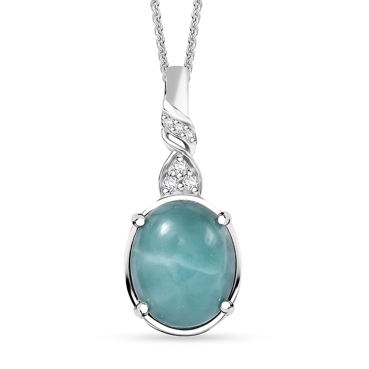 Natural Green Larimar and Moissanite 5.50 ctw Ocean Wave Pendant Necklace in Rhodium Over Sterling Silver 20 Inches
