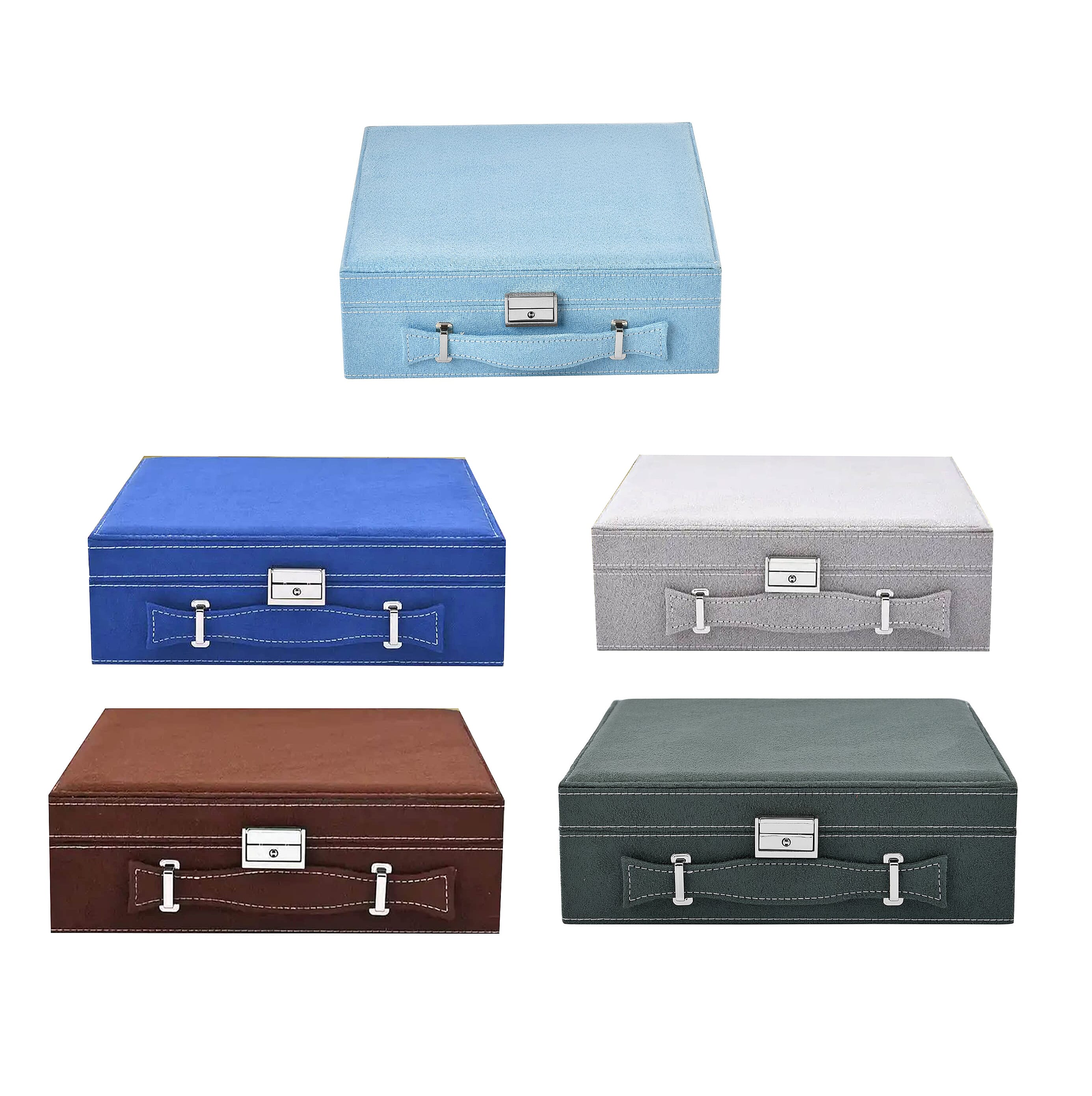 Set of 5 Multi Color Faux Velvet Briefcase Style 2-Tier Jewelry Box with Anti-Tarnish and Scratch Protection Interior (Approx 60 Rings in Each Box) (10x3x10)