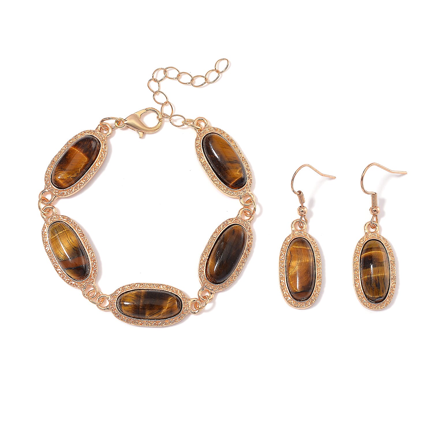 Set of 2 Tigers Eye Bracelet (6.5-8.5In) and Earrings in Rosetone 100.00 ctw