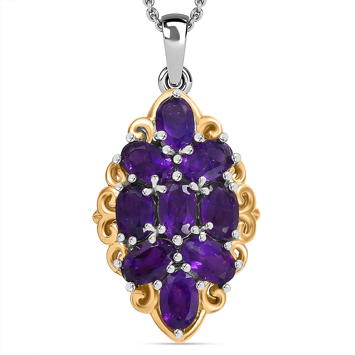 EverTrue African Amethyst 3.35 ctw Pendant in 18K YG Plated and Platinum Bond with Stainless Steel Chain 20 Inches