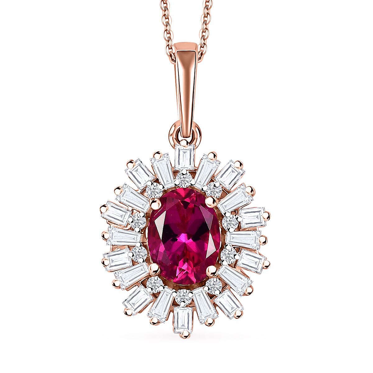 Premium Lab Created Bixbite and Moissanite 1.85 ctw Scarlet Starburst Pendant Necklace in 18K Vermeil Rose Gold Over Sterling Silver 20 Inches