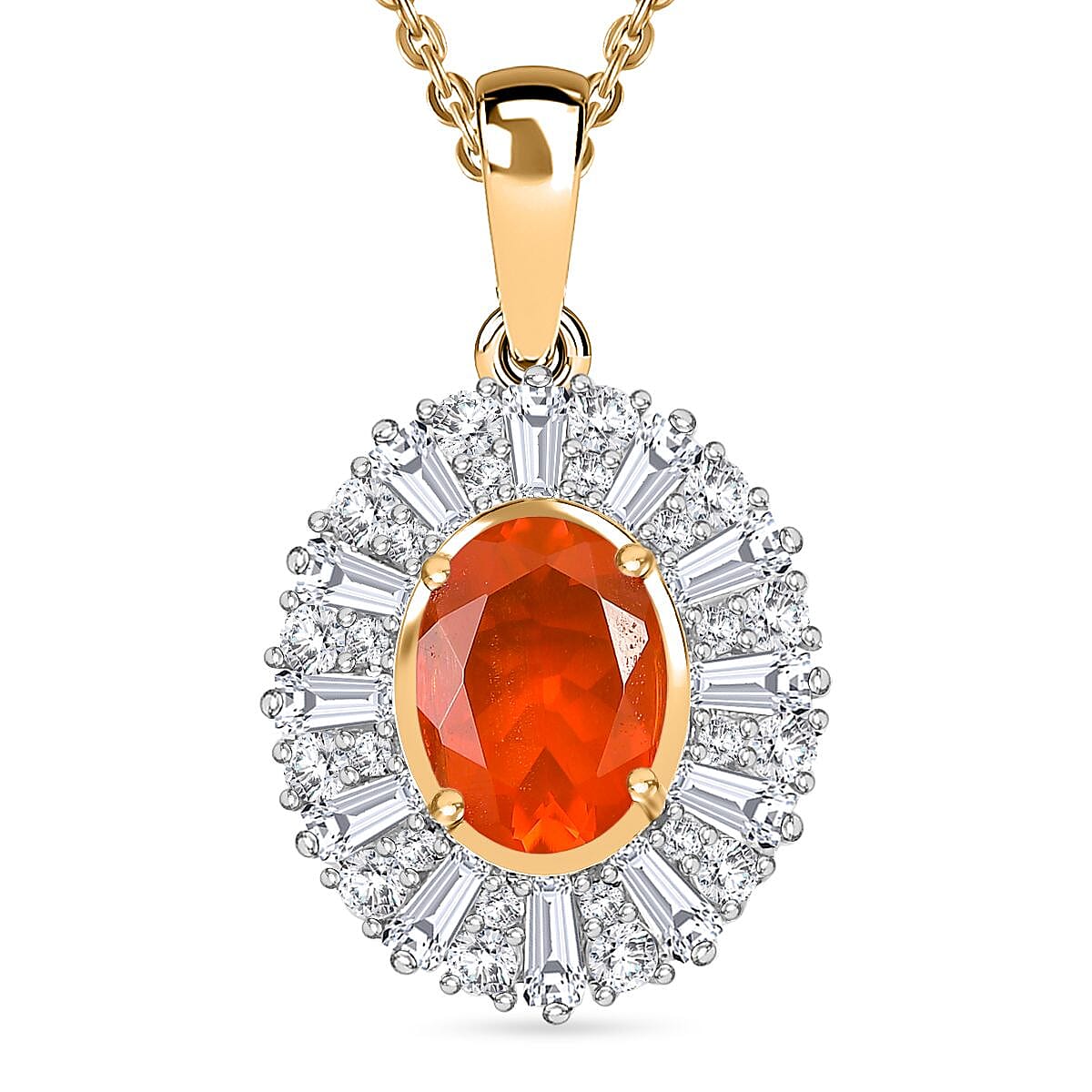 AAA Buriti Fire Opal and Moissanite 1.60 ctw Radiant Sunset Pendant Necklace in 18K Vermeil Yellow Gold Over Sterling Silver 20 Inches