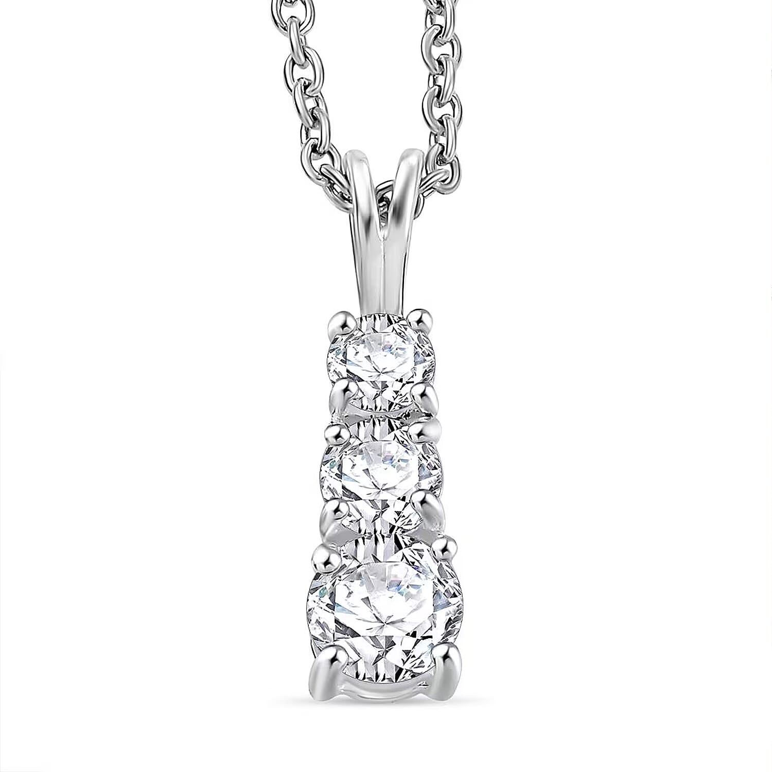 D'Joy Lab Created White Sapphire 1.20 ctw Trinity Pendant in Sterling Silver with Stainless Steel Necklace 20 Inches