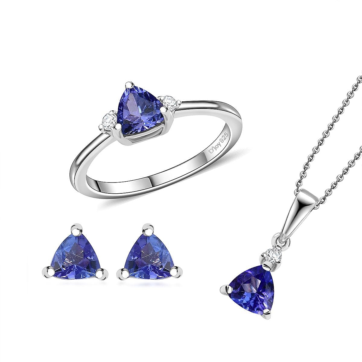 AAA Tanzanite, White Zircon Stud Earrings, Trilogy Ring (Size 5.0), Pendant Necklace (20 Inches) in Rhodium Over Sterling Silver 1.60 ctw
