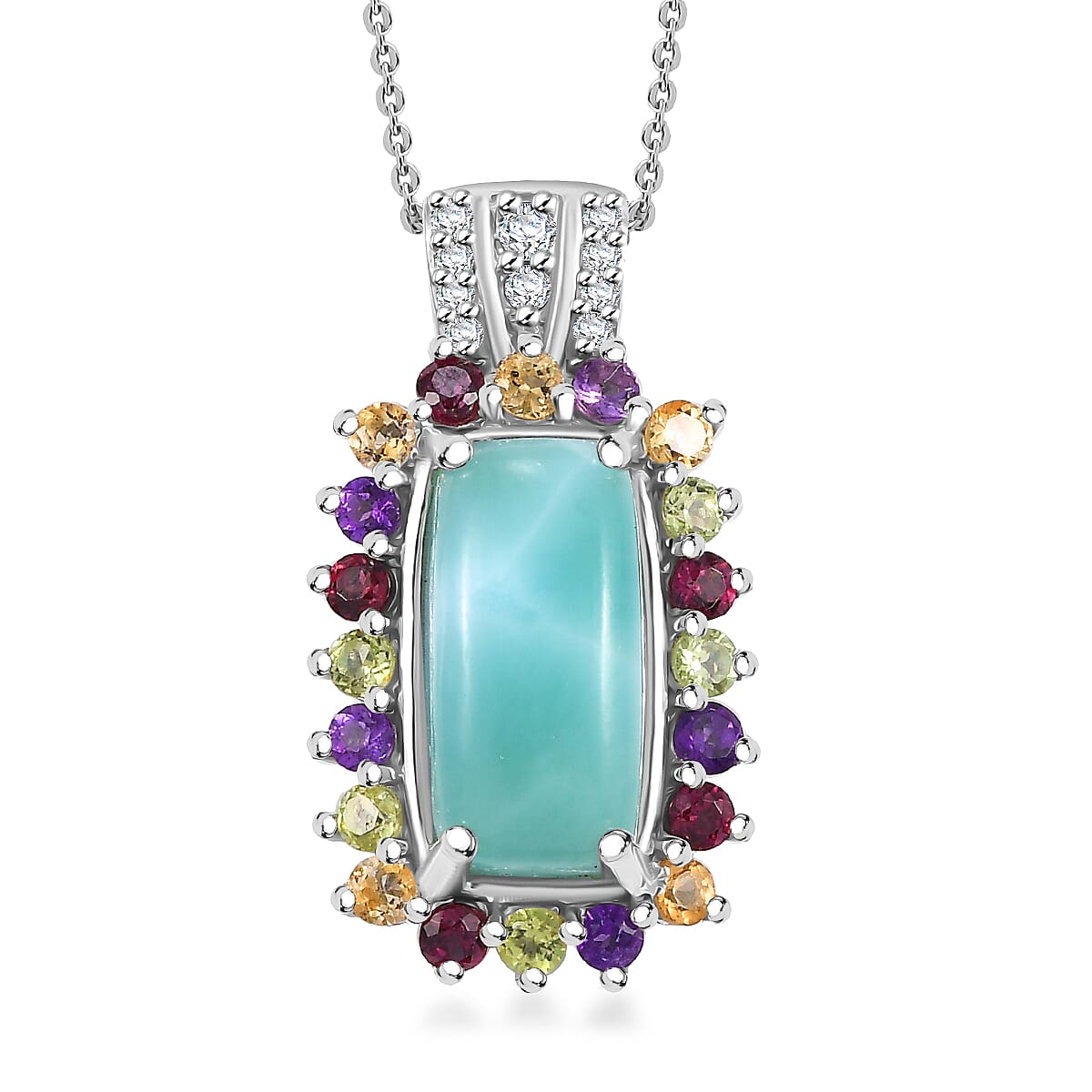 Natural Green Larimar and Multi Gemstone 6.00 ctw Sunlight Pendant Necklace in Rhodium Over Sterling Silver 20 Inches