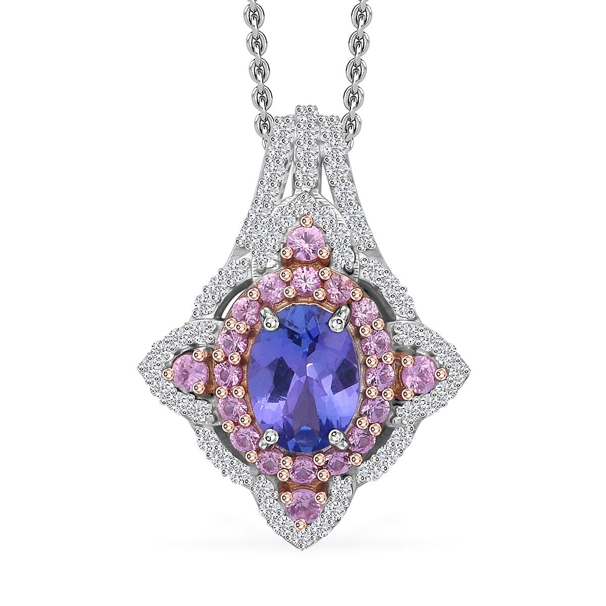 Tanzanite, Multi Gemstone Pendant Necklace (20 Inches) in Rhodium Over Sterling Silver 2.35 ctw