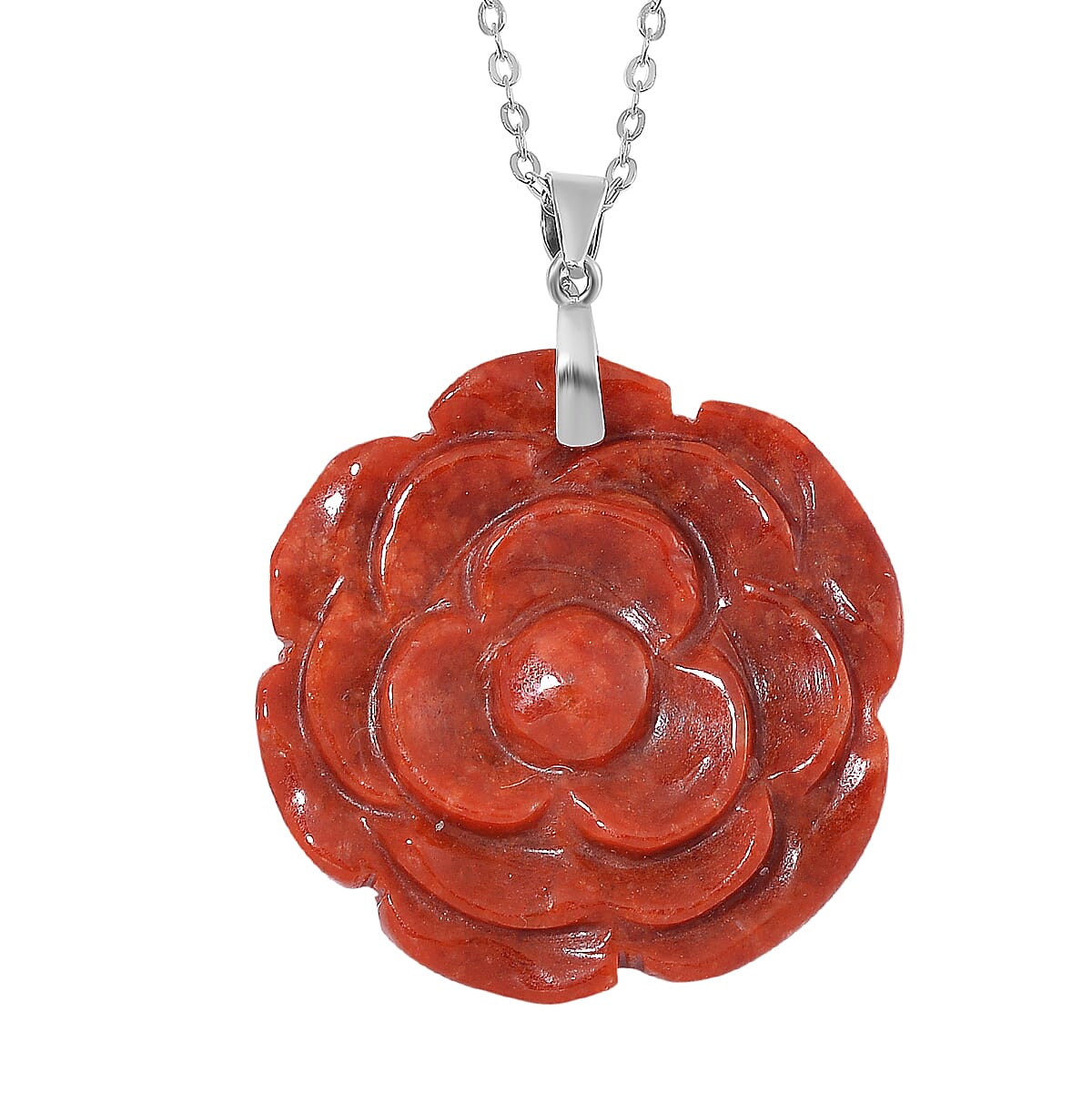 Green Jade Carved Rose Floral Pendant Necklace (18 Inches) in Rhodium Over Sterling Silver 40.00 ctw