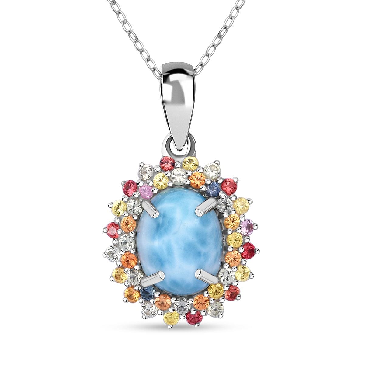 Premium Larimar and Multi Sapphire 4.00 ctw Floral Pendant Necklace in Rhodium Over Sterling Silver 18 Inches