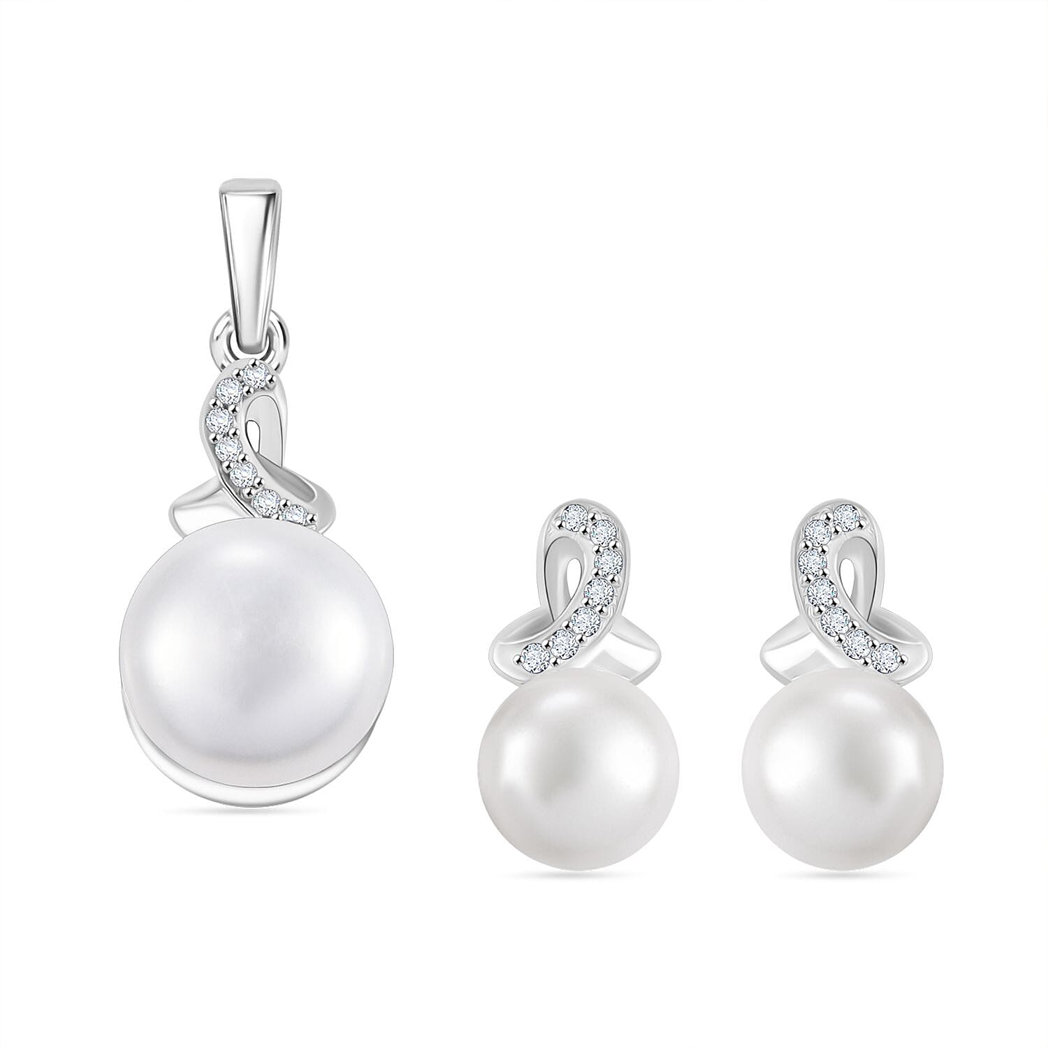 Freshwater Pearl, White Zircon 0.32 ctw Pendant without Chain and Earrings in Platinum Over Sterling Silver
