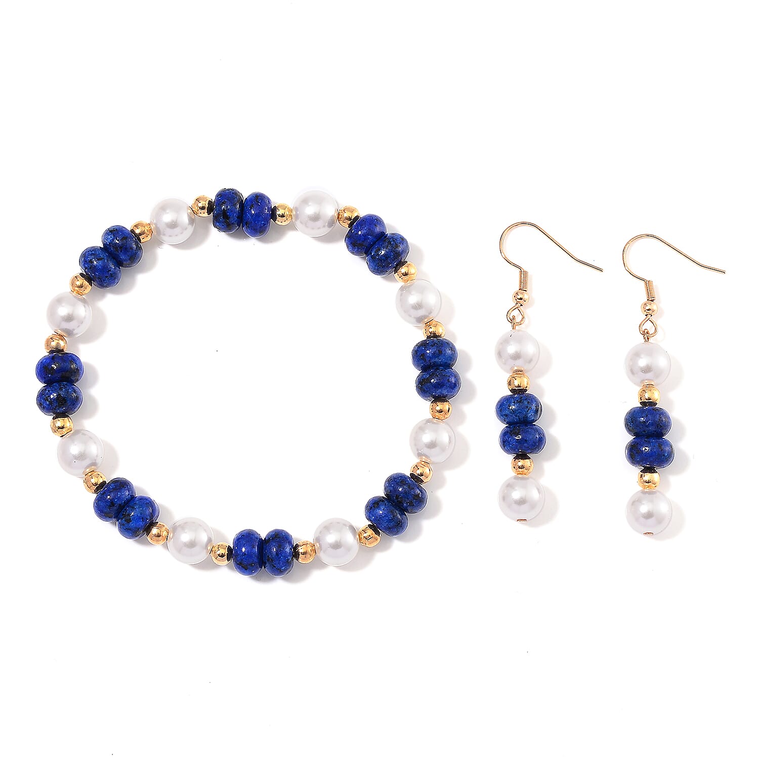 One Time Only Lapis Lazuli, White Shell Pearl Bracelet (6.50-7.0In) and Earrings in Goldtone 50.00 ctw