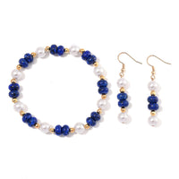 One Time Only Lapis Lazuli, White Shell Pearl Bracelet (6.50-7.0In) and Earrings in Goldtone 50.00 ctw