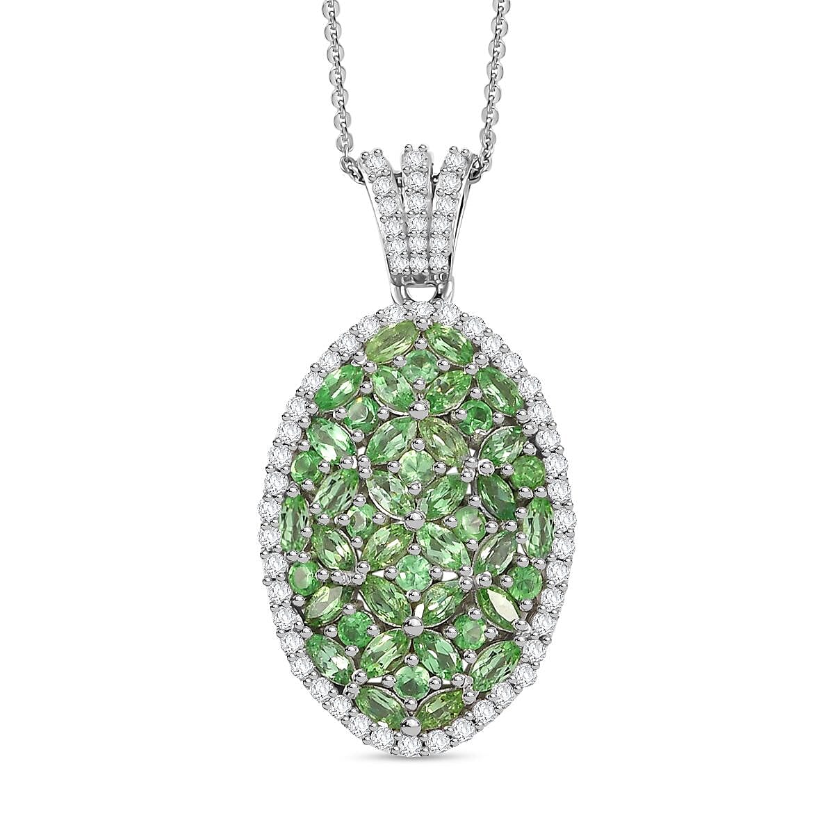 Doorbuster Tsavorite Garnet, White Zircon Pendant Necklace (20 Inches) in Rhodium Over Sterling Silver 4.15 ctw
