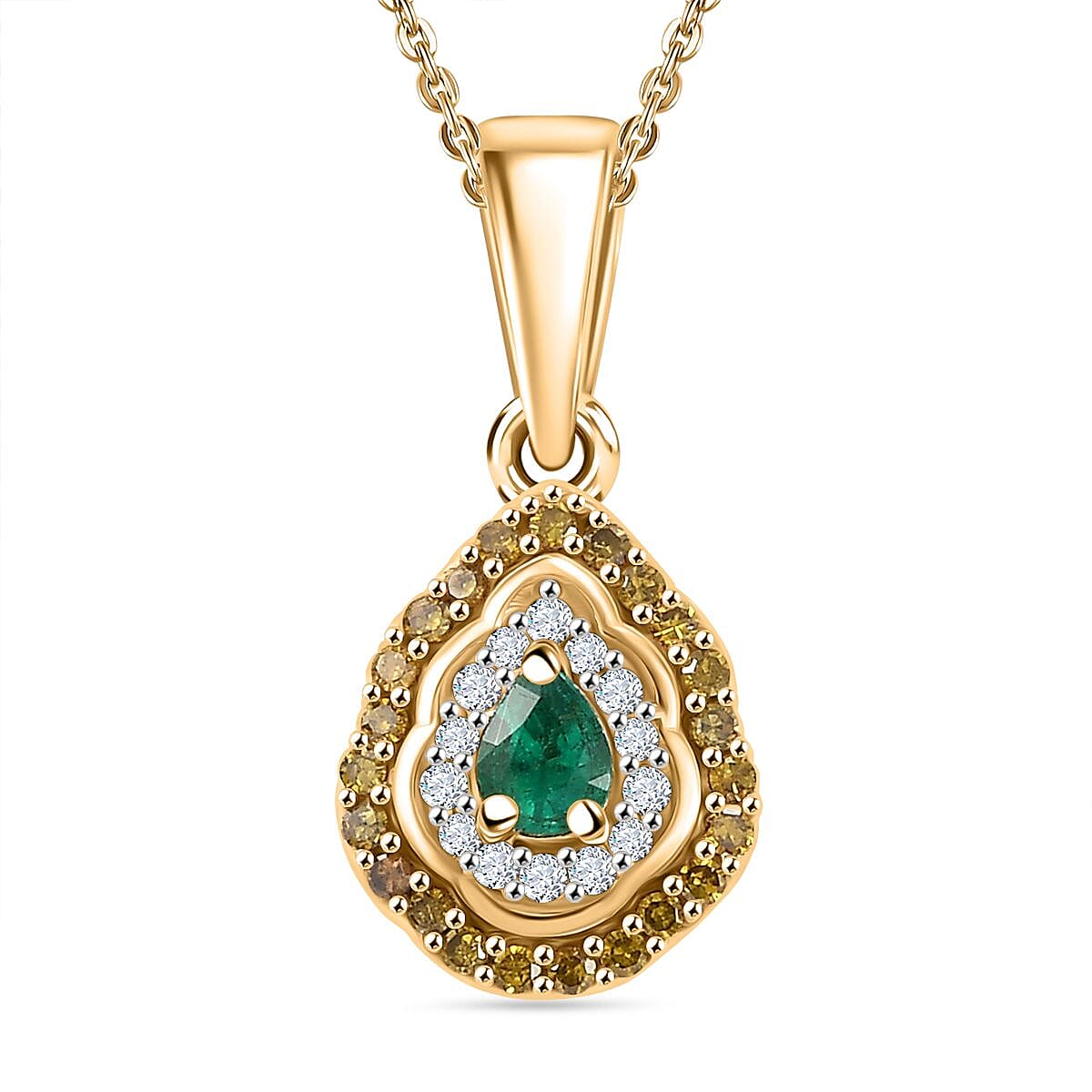 AAA Boyaca Colombian Emerald, White and Yellow Diamond 0.35 ctw Modern Glamour Pendant Necklace 20 Inches in 18K Vermeil Yellow Gold Over Sterling Silver
