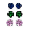 Set of 3 Simulated Green, Blue and Pink Diamond Stud Earrings in Sterling Silver - Sticky add to cart bar