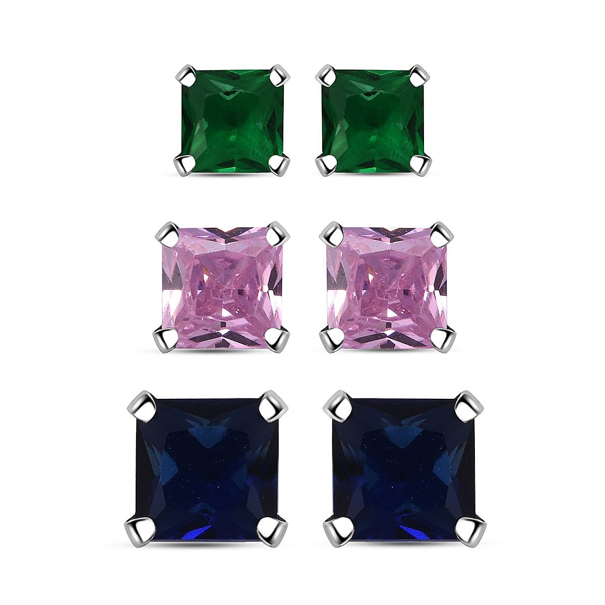 Set of 3 Simulated Blue, Pink and Green Diamond 7.30 ctw Stud Earrings in Sterling Silver