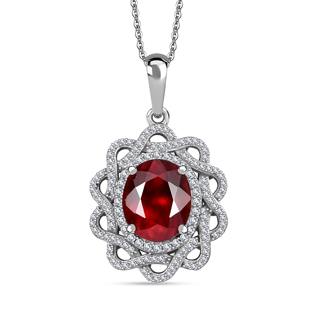 Ceylon Hessonite Garnet and Moissanite 5.50 ctw Pendant Necklace in Rhodium Over Sterling Silver 20 Inches