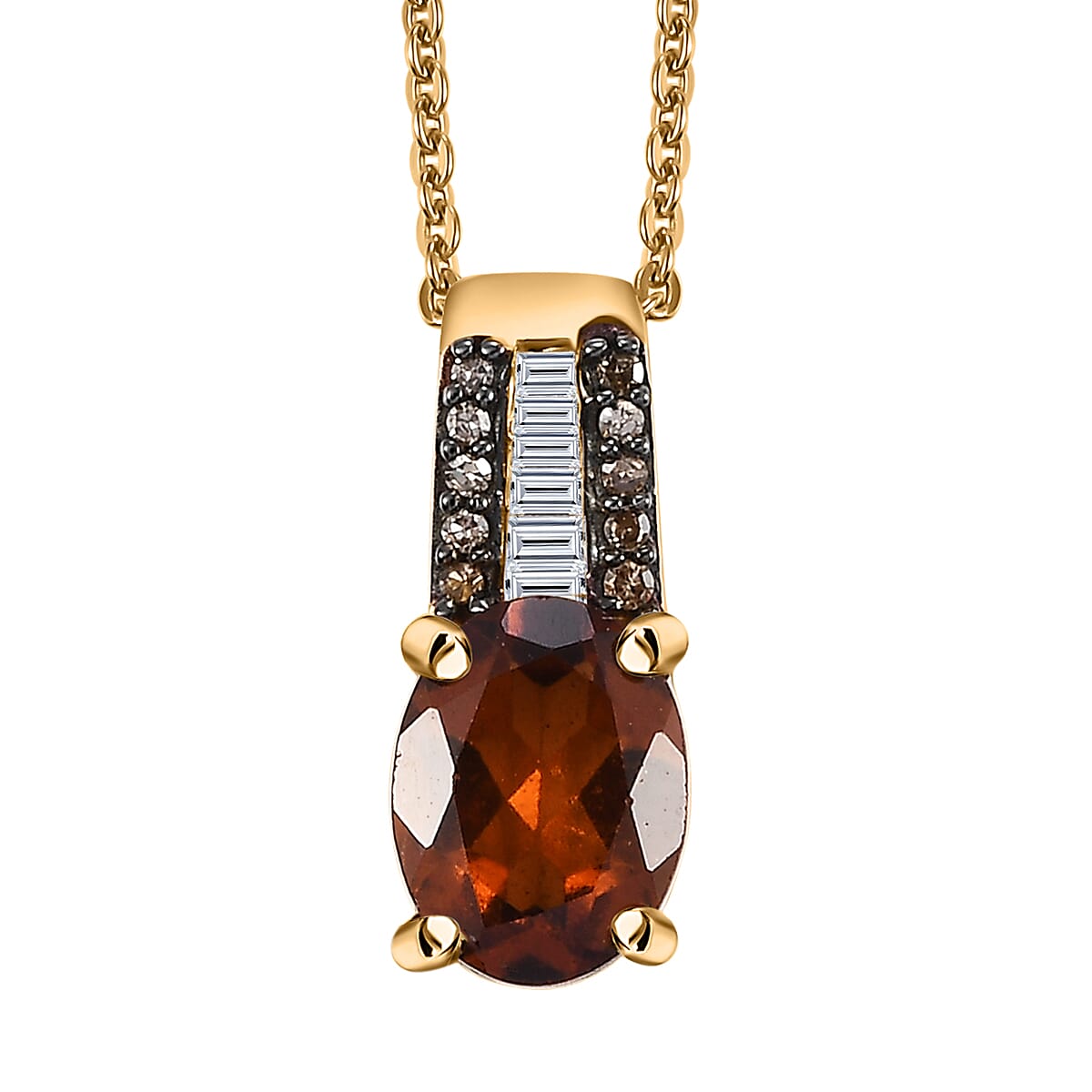 Ceylon Hessonite Garnet, Natural Champagne and White Diamond 2.00 ctw Bridge Pendant Necklace in 18K Vermeil Yellow Gold Over Sterling Silver 20 Inches