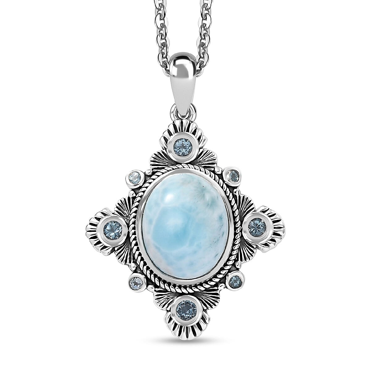 Artisan Crafted Natural Green Larimar and Sky Blue Topaz 6.40 ctw Floral Pendant Necklace in Rhodium Over Sterling Silver 20 Inches
