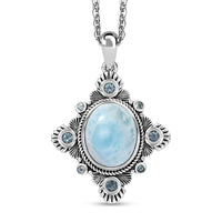 Artisan Crafted Natural Green Larimar and Sky Blue Topaz 6.40 ctw Floral Pendant Necklace in Rhodium Over Sterling Silver 20 Inches
