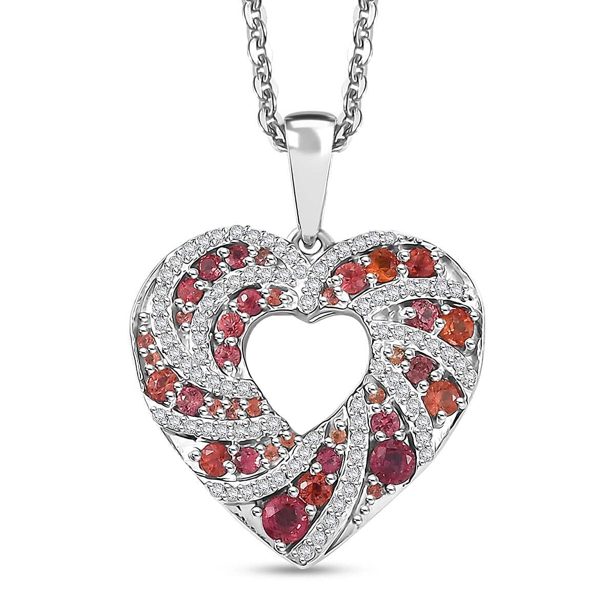 Premium Red Sapphire and Moissanite 1.30 ctw Heart Pendant Necklace in Rhodium Over Sterling Silver 20 Inches