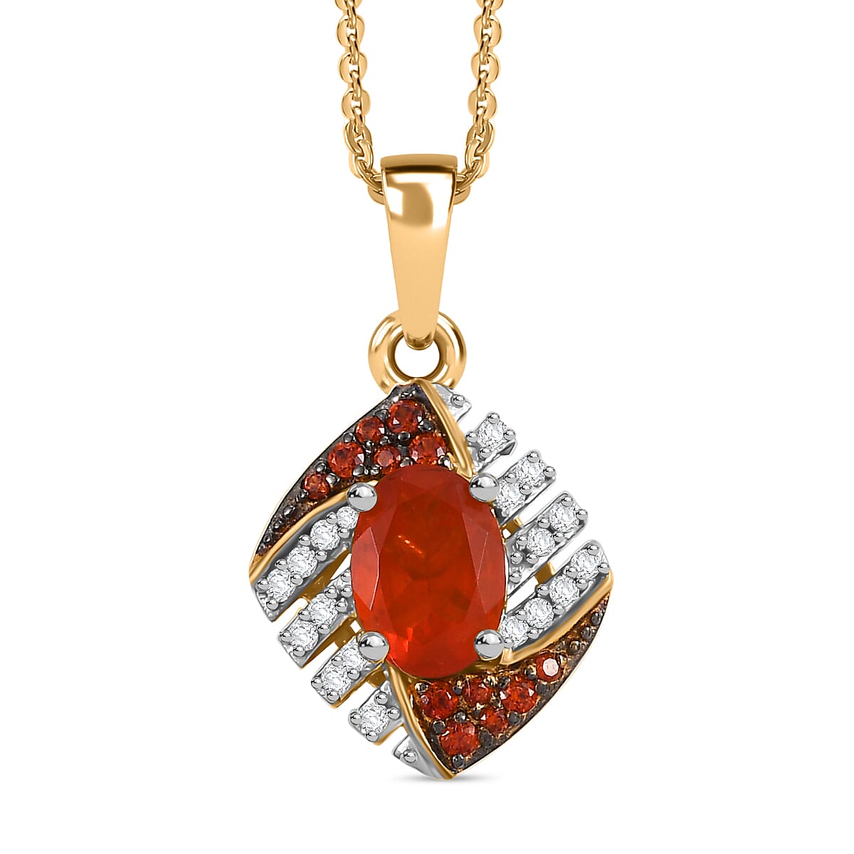 AAA Buriti Fire Opal, White and Brown Zircon 0.85 ctw Phoenix Ember Pendant Necklace in 18K Vermeil Yellow Gold Over Sterling Silver 20 Inches