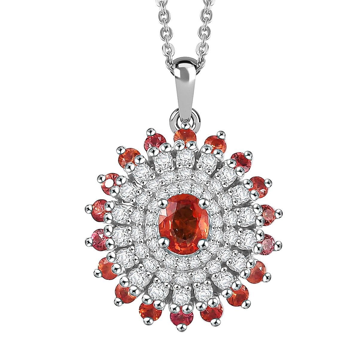 Premium Red Sapphire and Moissanite 1.50 ctw Solar Flare Pendant Necklace in Rhodium Over Sterling Silver 20 Inches