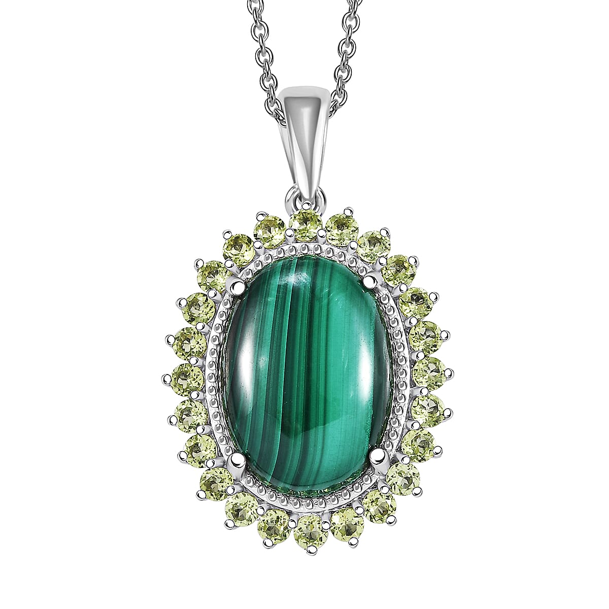 Karis African Malachite and Peridot 16.35 ctw Forest Elegance Pendant in Platinum Bond with Stainless Steel Necklace 20 Inches