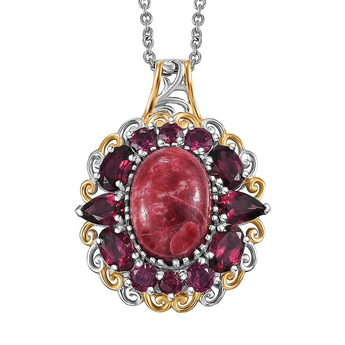 Karis Norwegian Thulite and Orissa Rhodolite Garnet 13.10 ctw Eternal Rose Pendant in 18K YG Plated and Platinum Bond with Stainless Steel Necklace 20 Inches
