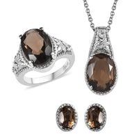 Doorbuster Thai Black Spinel Stud Earrings, Solitaire Ring (Size 5.0) and Pendant Necklace (20 Inches) in Stainless Steel 11.70 ctw