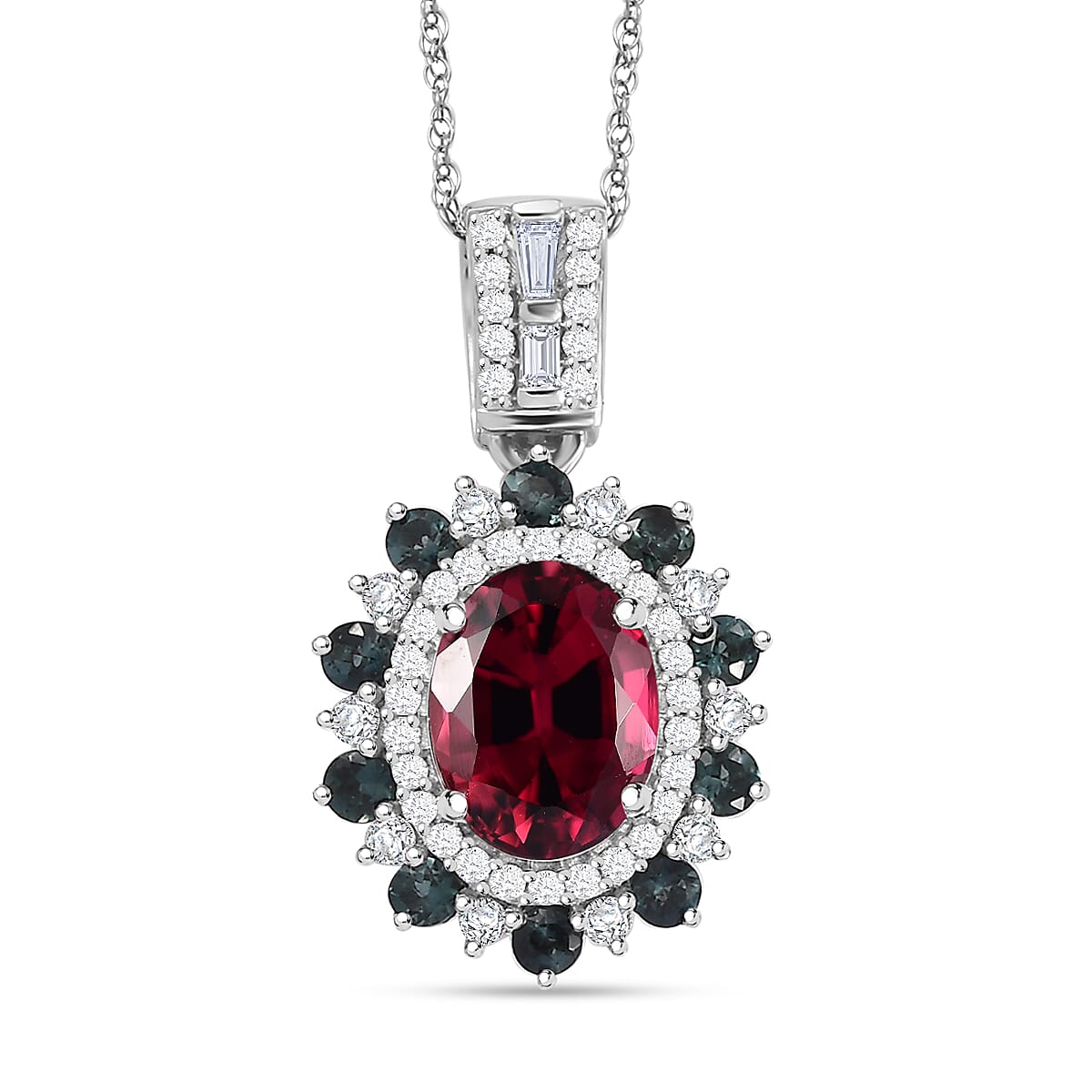 Luxoro AAA Ouro Fino Rubellite, Indicolite and G-H I2 Diamond 2.69 ctw Floral Pendant Necklace in 14K White Gold 18 Inches