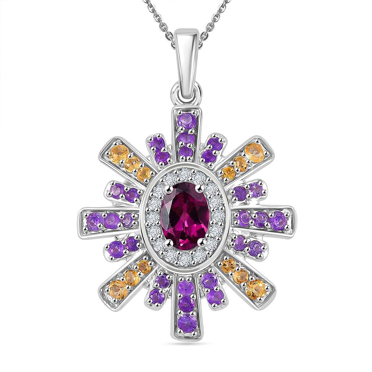 AAA Radiant Ember Garnet and Multi Gemstone 2.20 ctw Radiant Starburst Pendant in Rhodium Over Sterling Silver with Stainless Steel Necklace 20 Inches