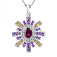 AAA Radiant Ember Garnet and Multi Gemstone 2.20 ctw Radiant Starburst Pendant in Rhodium Over Sterling Silver with Stainless Steel Necklace 20 Inches