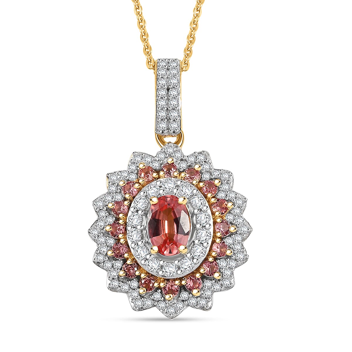 AAA Padparadscha Sapphire (BT), Moissanite Radiant Bloom Pendant Necklace (20 Inches) in 18K Vermeil YG Over Sterling Silver 1.85 ctw
