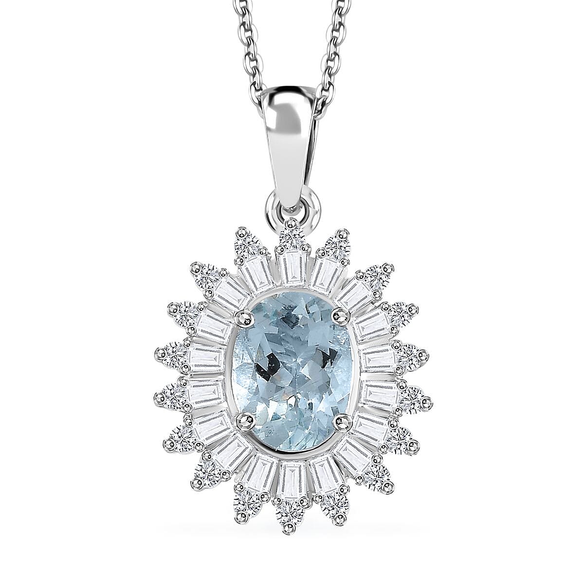 Santa Maria Aquamarine and Moissanite 1.75 ctw Floral Pendant Necklace in Rhodium Over Sterling Silver 20 Inches
