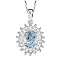 Santa Maria Aquamarine and Moissanite 1.75 ctw Floral Pendant Necklace in Rhodium Over Sterling Silver 20 Inches
