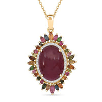 Niassa Ruby (FF) and Multi Gemstone 23.50 ctw Blossom Halo Pendant Necklace in Vermeil Yellow Gold Over Sterling Silver 20 Inches