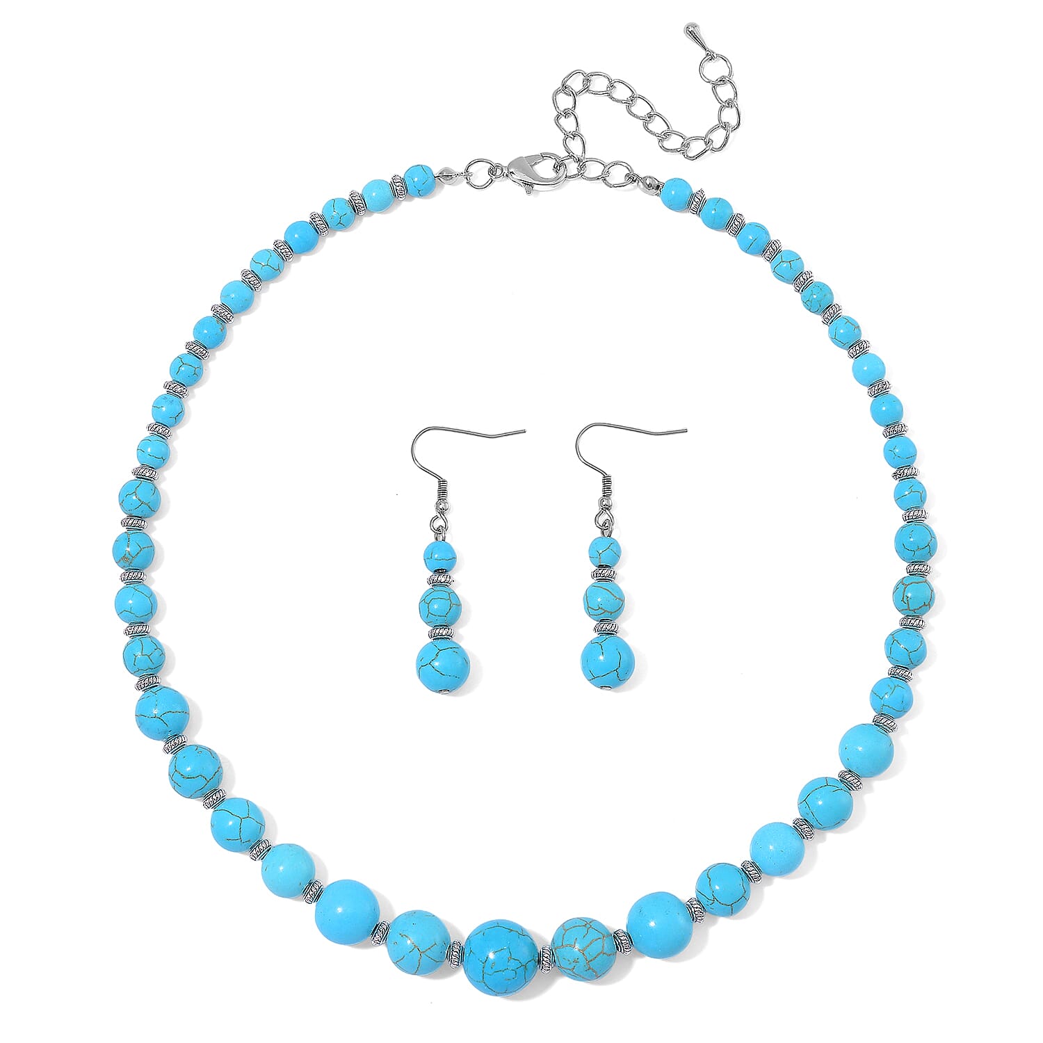 Blue Howlite Beaded Necklace (18-20 Inches) and Earrings in Stainless Steel 205.00 ctw