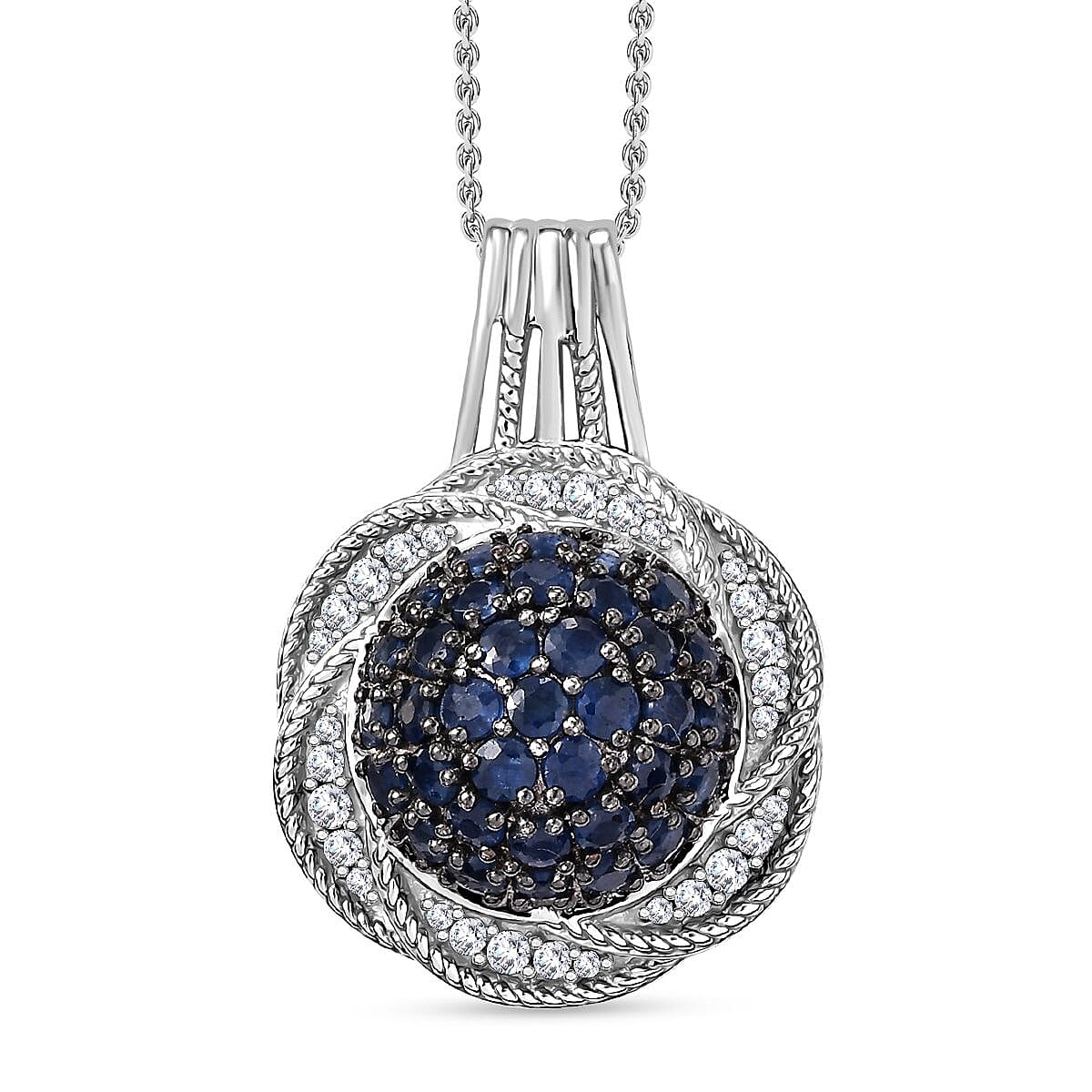 Madagascar Blue Sapphire, White Zircon Radiant Galaxy Pendant Necklace (20 Inches) in Rhodium Over Sterling Silver 3.35 ctw