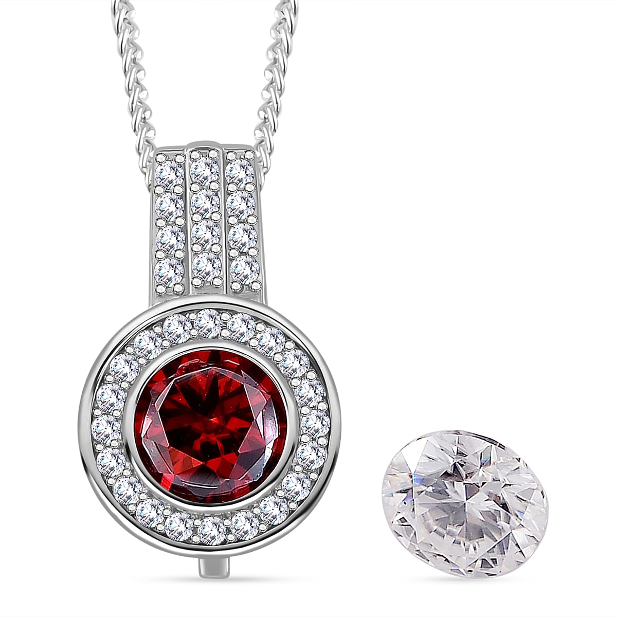 Red and White Moissanite (Rnd 7mm) Halo Pendant Necklace (20 Inches) in Rhodium Over Sterling Silver 2.65 ctw