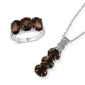 Brazilian Smoky Quartz 9.60 ctw Trilogy Ring (Size 5.0) and Pendant Necklace 20 Inches in Stainless Steel - Sticky add to cart bar