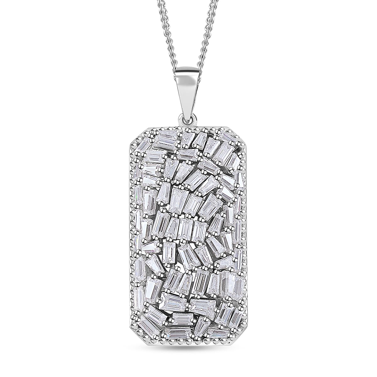 Doorbuster Moissanite Baguette Shape Pendant Necklace (20 Inches) in Rhodium Over Sterling Silver 2.60 ctw
