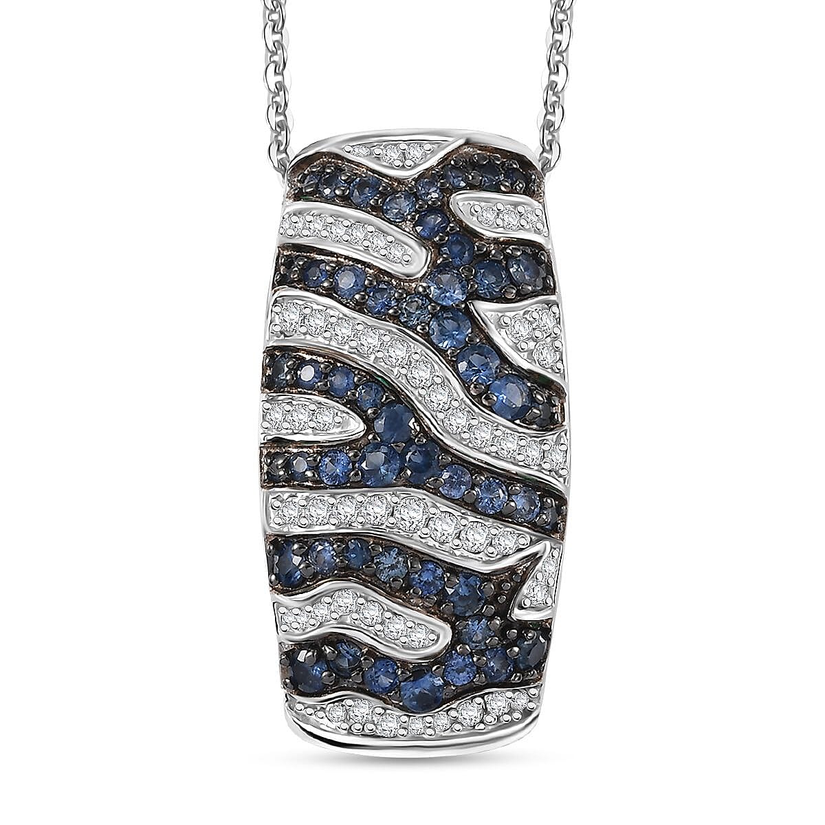 Ceylon Blue Sapphire, Moissanite River Flow Pendant Necklace (20 Inches) in Rhodium Over Sterling Silver 2.10 ctw