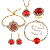 5pc Set - Strada Crystal, Simulated Pearl Japanese Movement Bolo Watch and Simulated Emerald Ring, Earrings, Bracelet (5-10In) and Necklace (20-22In) in Goldtone