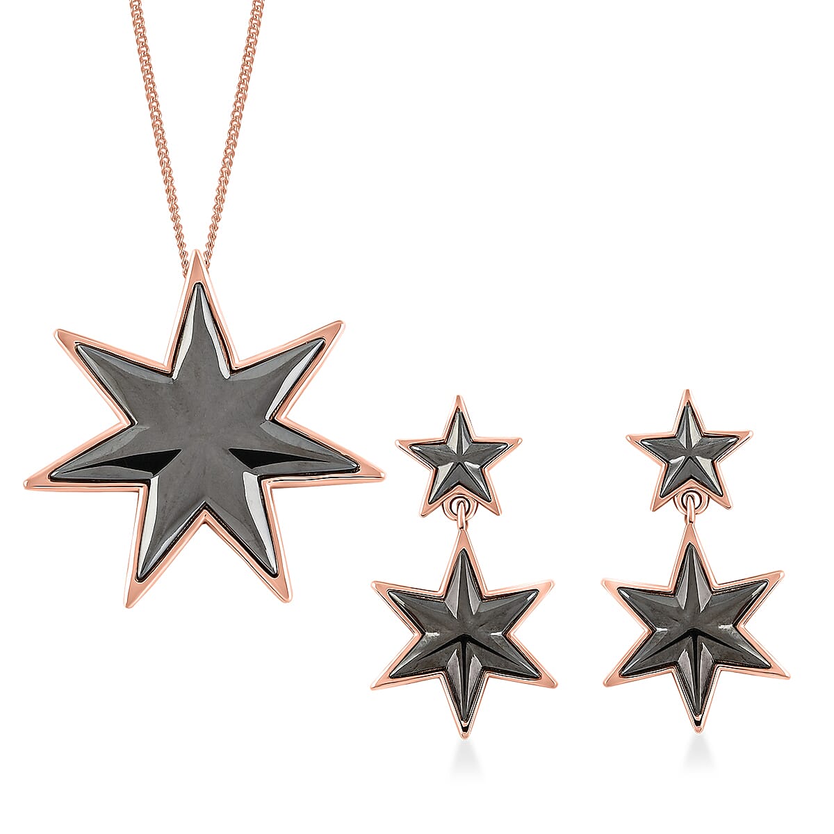 2 Piece Set -  Star Earrings and Pendant Necklace (20 Inches) in Black Rhodium, RG Over and Platinum Over Sterling Silver 7.70 Grams