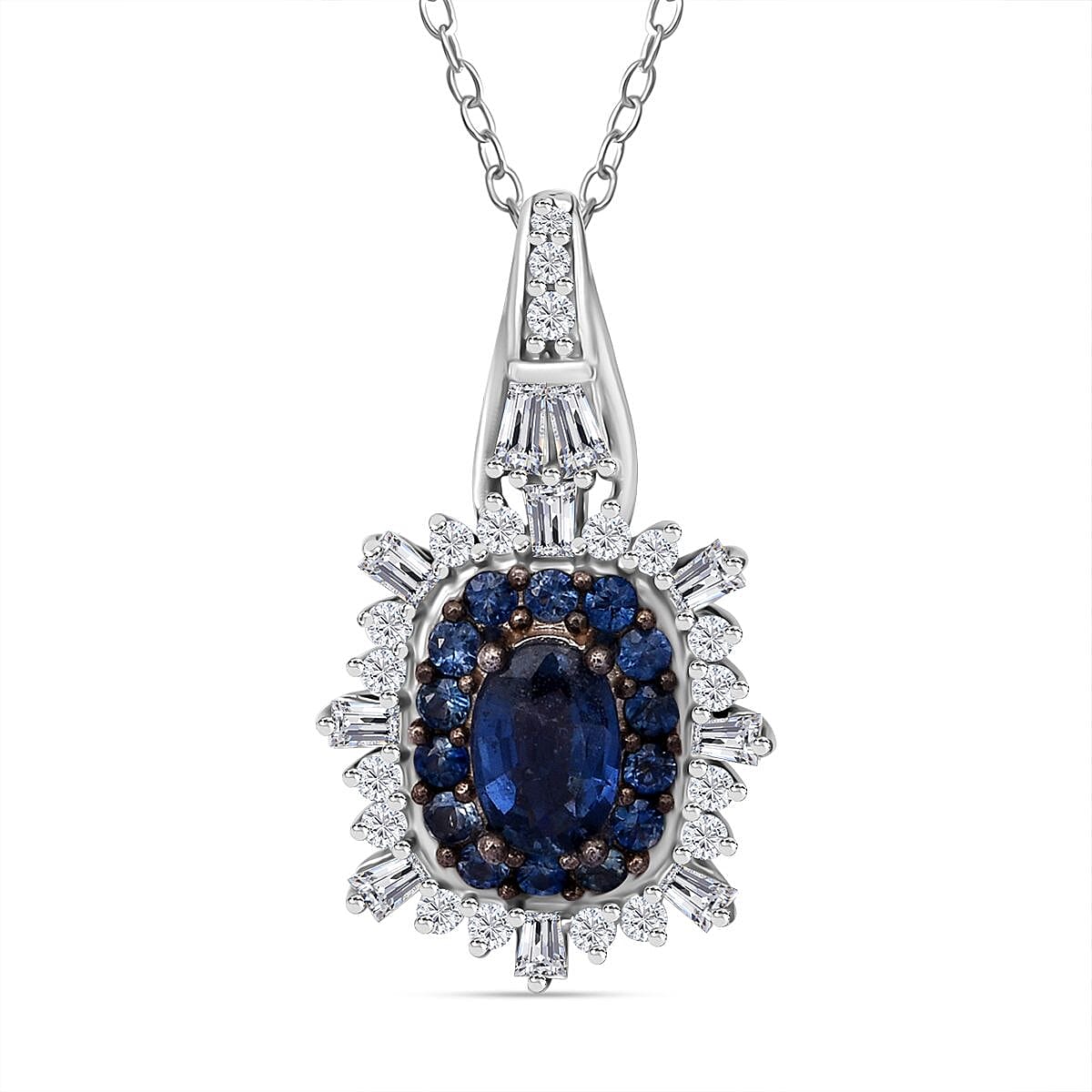 Ceylon Blue Sapphire, Moissanite Pendant Necklace (20 Inches) in Rhodium Over Sterling Silver 1.40 ctw
