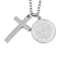 Set of 2 Cross and Medallion Pendant Necklace 24 Inches in Stainless Steel - Sticky add to cart bar