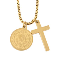Set of 2 Cross and Medallion Pendant Necklace 24 Inches in ION Plated Yellow Gold Stainless Steel